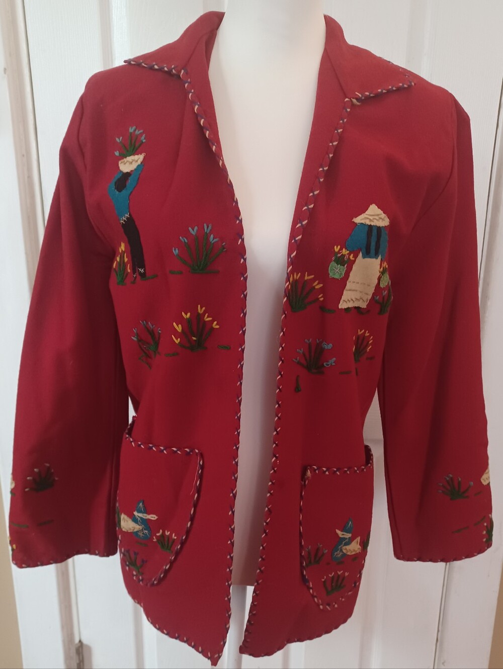 Vtg 40s 50s Mexican Tourist Jacket Red Wool Embroidered By Mikes MGF Med/Small